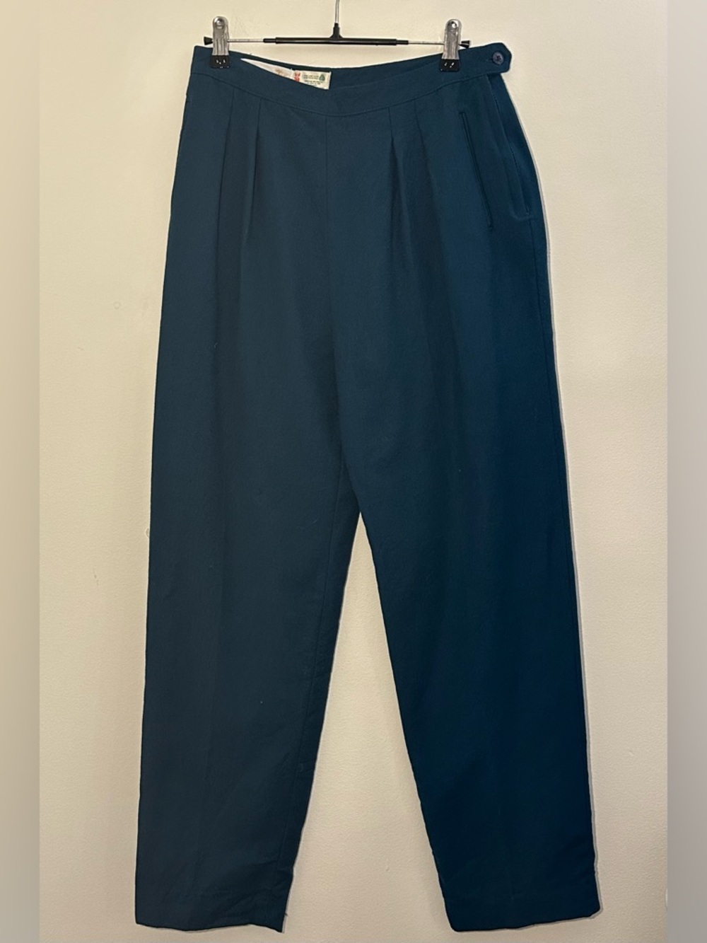 Vintage 100% Wool Teal Pleated High Waist Wide Leg Trousers W28 Made in Canada